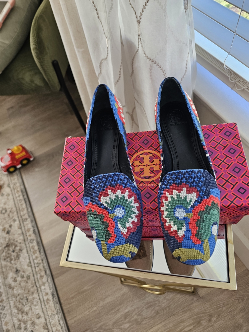 Tory Burch Blue Floral Needlepoint Loafers